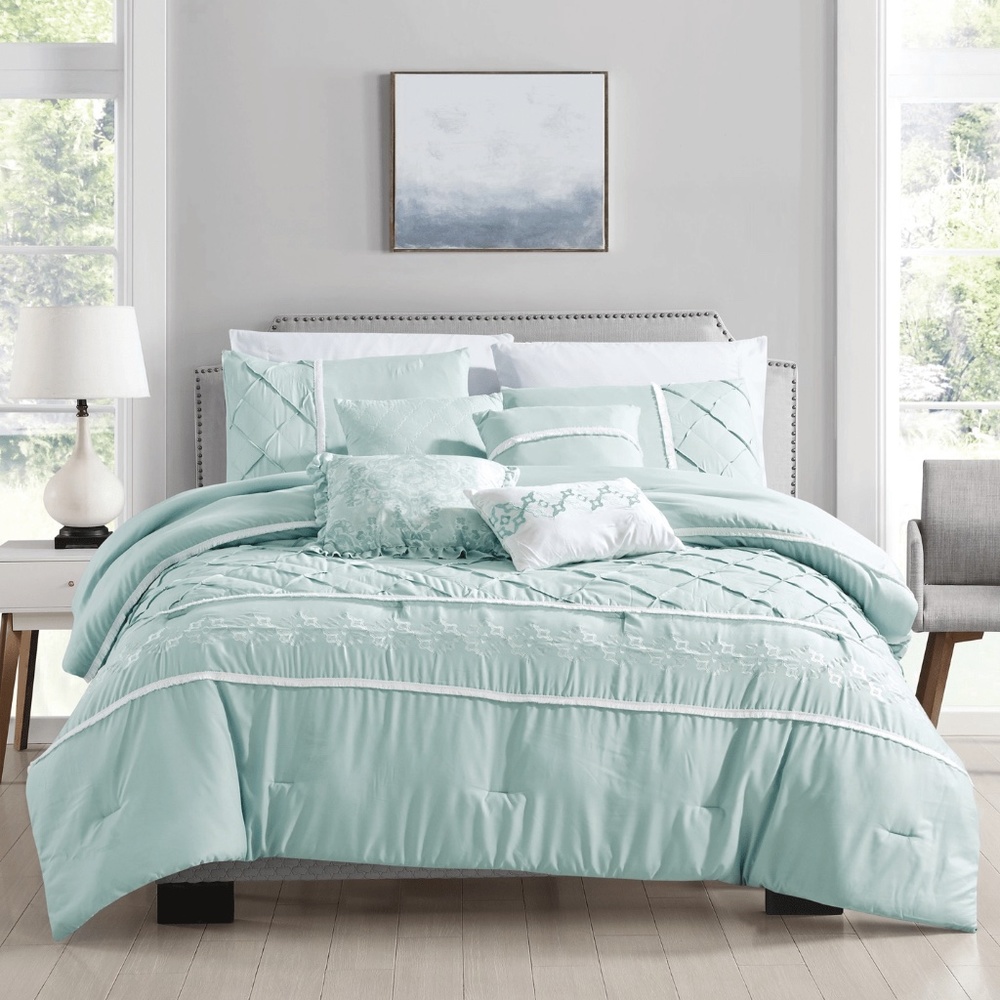 Linen Mart Full/Queen Size Ruffle Baby Blue Pleated Comforter - 7 Piece Set